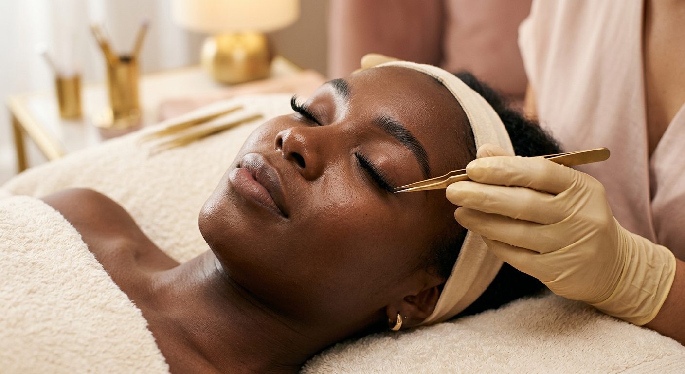 A Black client having lash extensions applied
