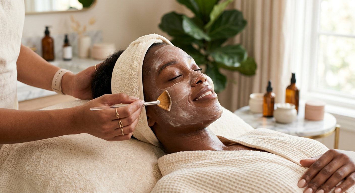 A Black client relaxing during a facial