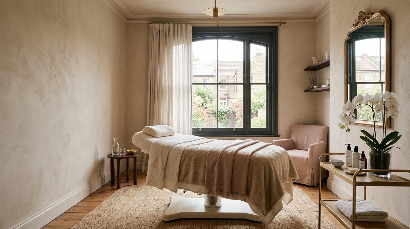 A calm cream treatment room with orchids